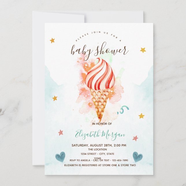 Invitation Ice Cream Stars Hearts Baby Shower   (Devant)