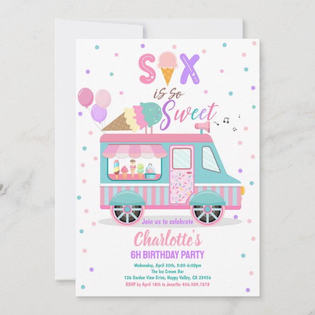 Invitation Ice Cream Truck Six est si doux 6e anniversaire fê (Devant)