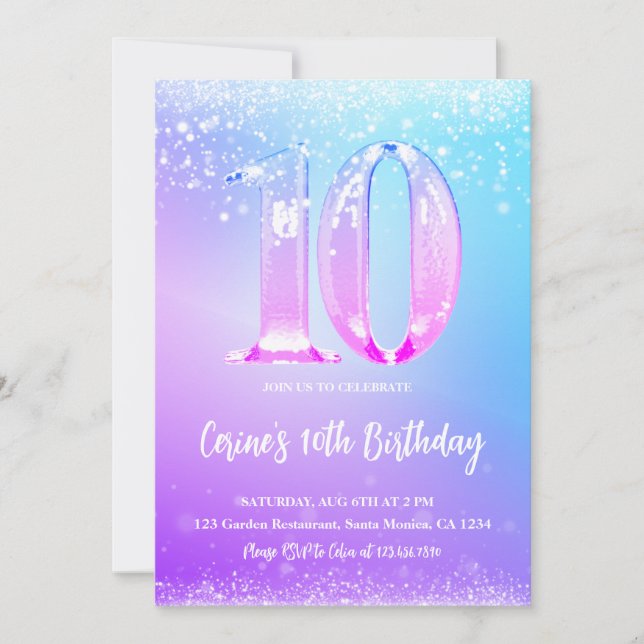 Invitation Ice number white glitter Girl 10th Birthday (Devant)