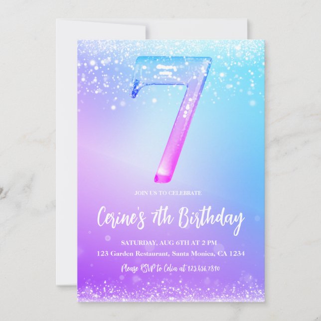 Invitation Ice number white glitter Girl 7th Birthday  (Devant)