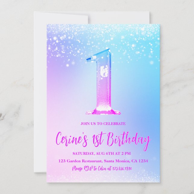 Invitation Ice number white glitter Girl First Birthday (Devant)