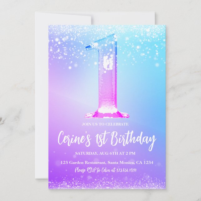 Invitation Ice number white glitter Girl First Birthday (Devant)