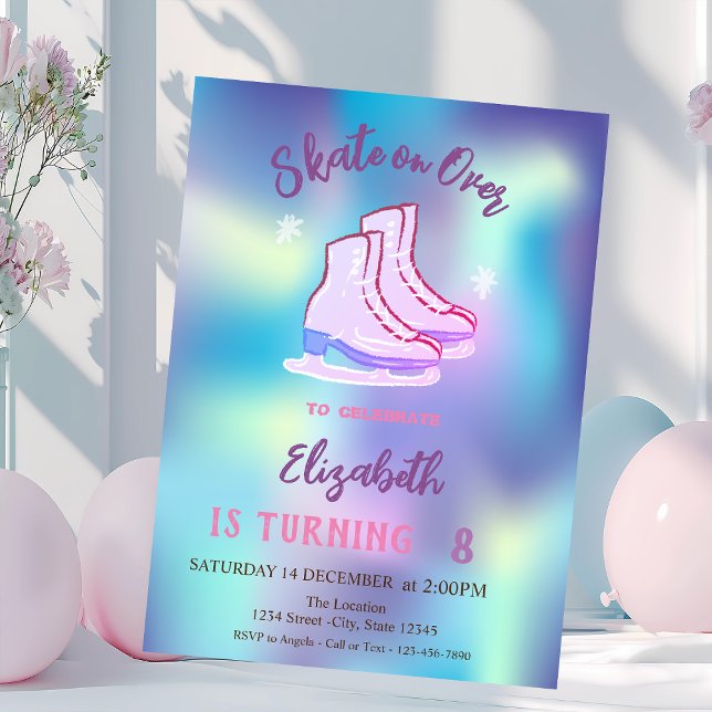 Invitation Ice skates Snowflakes Holographic Birthday (Créateur téléchargé)