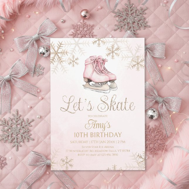 Invitation Ice Skating Winter Birthday Party Let's Skate Gold (Créateur téléchargé)