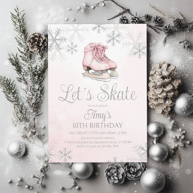 Invitation Ice Skating Winter Birthday Party Silver Glitter (Créateur téléchargé)
