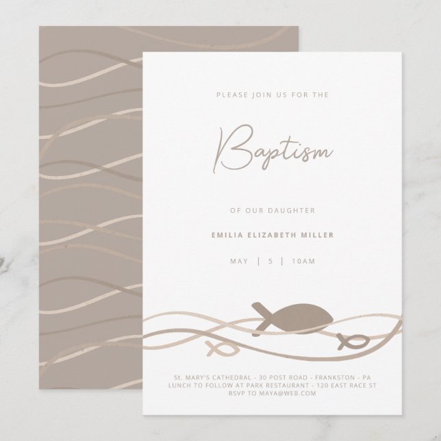 Invitation Ichthys Vagues Beige Taupe - Baptême Moderne (Devant / Derrière)
