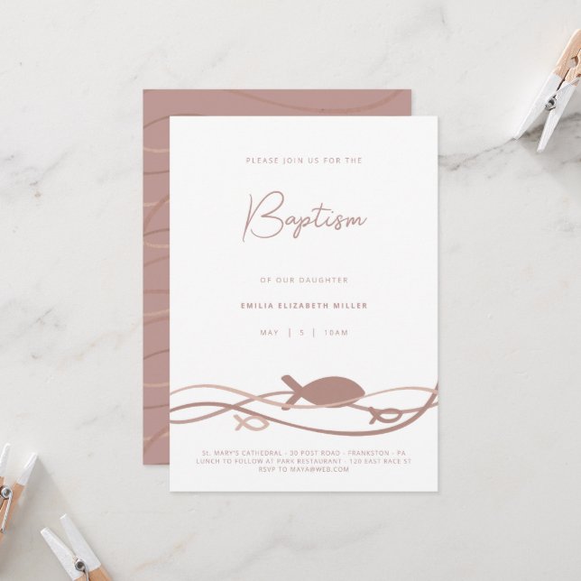 Invitation Ichthys Vagues Rose Blush - Baptême Moderne (Devant/Arrière en situation)