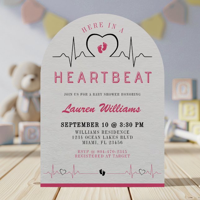 Invitation Ici dans un Moniteur cardiaque rose pour bébé à ba (Here in a Heartbeat Heart Monitor Pink Baby Shower Invitation
)