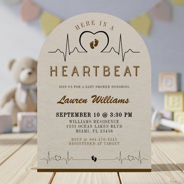 Invitation Ici dans un Moniteur de Rythme Cardiaque Bébé Fill (Here in a Heartbeat Heart Monitor Tan Brown Baby Shower Invitation
)