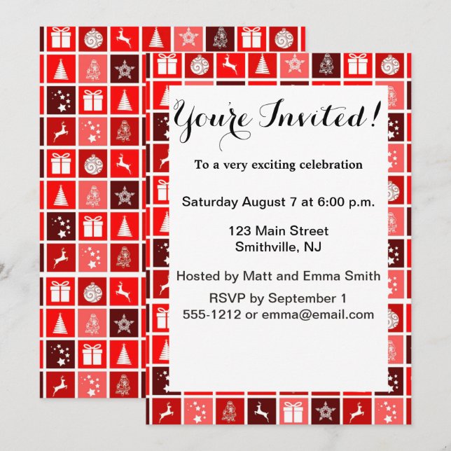 Invitation Icône de Noël Carrés Rouges Art de Fête Classique (Devant / Derrière)
