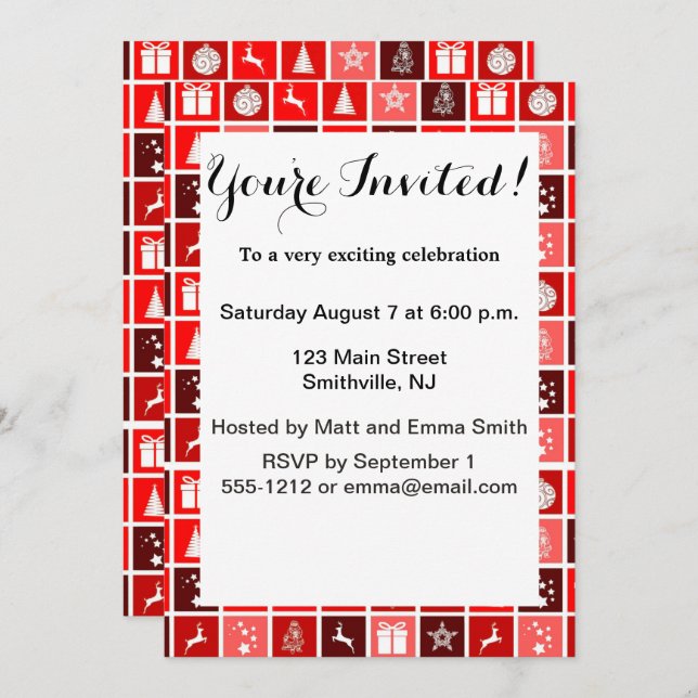 Invitation Icône de Noël Carrés rouges Art de vacances Classi (Devant / Derrière)