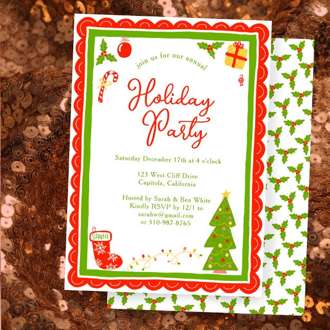 Invitation Icônes de Noël mignonnes Scallop FÊTE DE FINS D'AN (Cute Christmas Icons Scalloped Edge CUSTOM Holiday Party Invitation
)