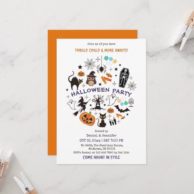 Invitation Icônes de squelette pour soirée Halloween effrayan (Devant/Arrière en situation)
