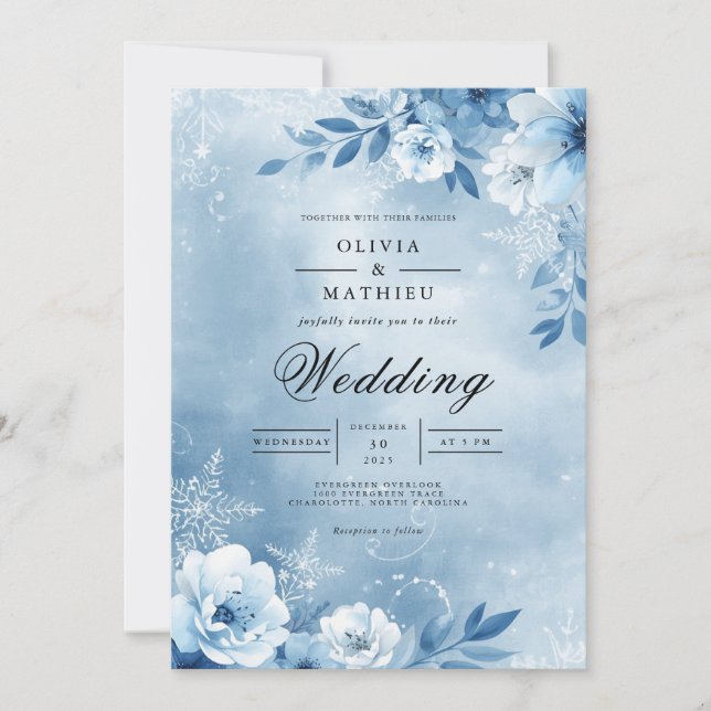 Invitation Icy Blue Bloom Enchantment Wedding (Devant)