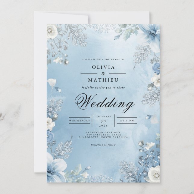 Invitation Icy Blue Floral Frame Wedding (Devant)