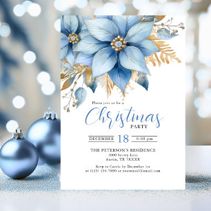 Invitation Icy Blue Gold Poinsettia Flower CHRISTMAS Party