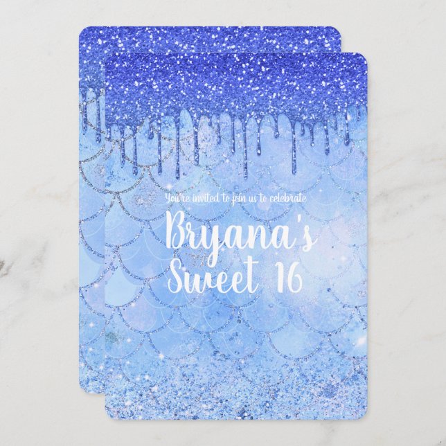 Invitation Icy Blue Parties scintillant Drip Mermaid Sweet 16 (Devant / Derrière)