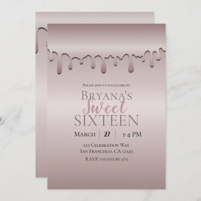 Invitation Icy Blush Rose Gold Rose Drip Sweet 16 Seteen (Devant / Derrière)