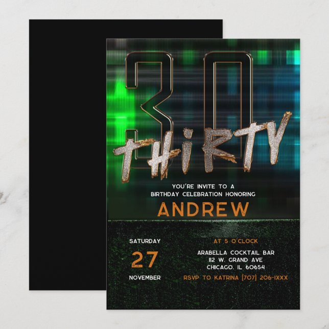 Invitation Idées de fête d'anniversaire de 30 ans pour les ho (Devant / Derrière)