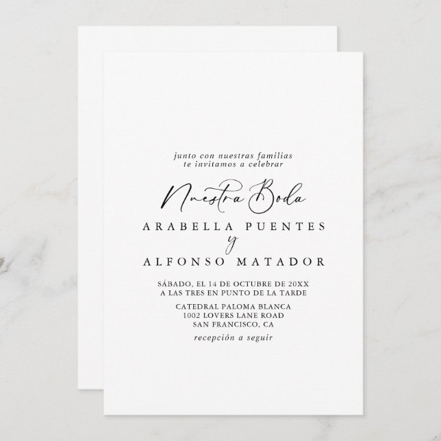 Invitation Idyllique Stylish Calligraphie Nuestra Boda Mariag (Devant / Derrière)