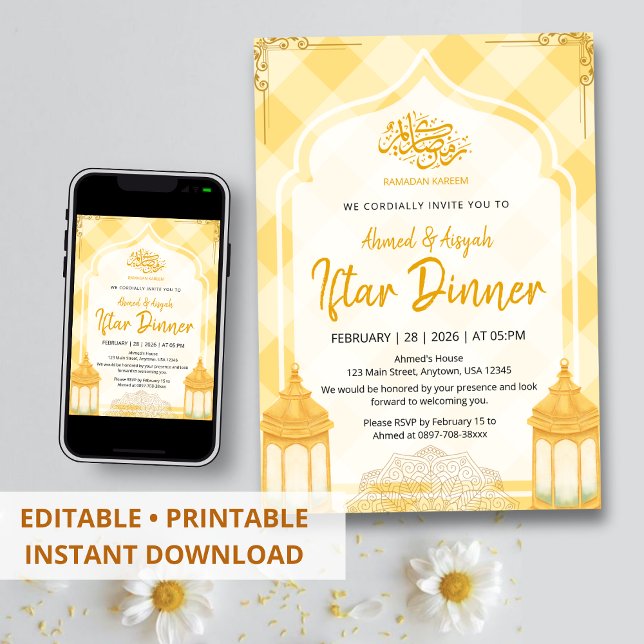 Invitation Iftar à carreaux jaune doux aquarelle (Créateur téléchargé)