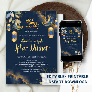 Invitation Iftar aquarelle élégant bleu marine et or