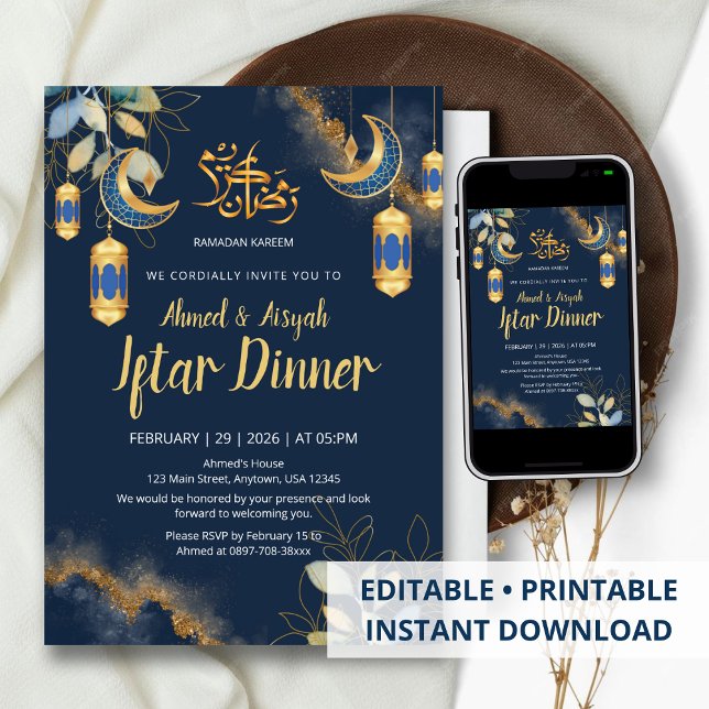 Invitation Iftar aquarelle élégant bleu marine et or (Créateur téléchargé)