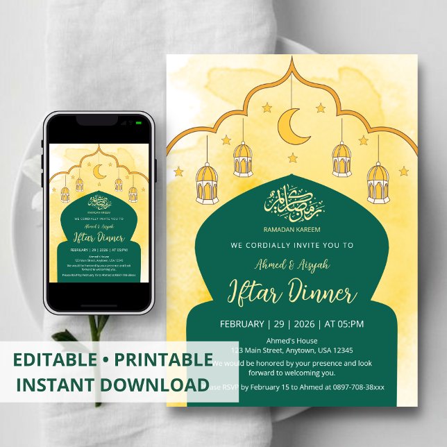 Invitation Iftar Arc-en-ciel Aquarelle Jaune et Ve (Créateur téléchargé)