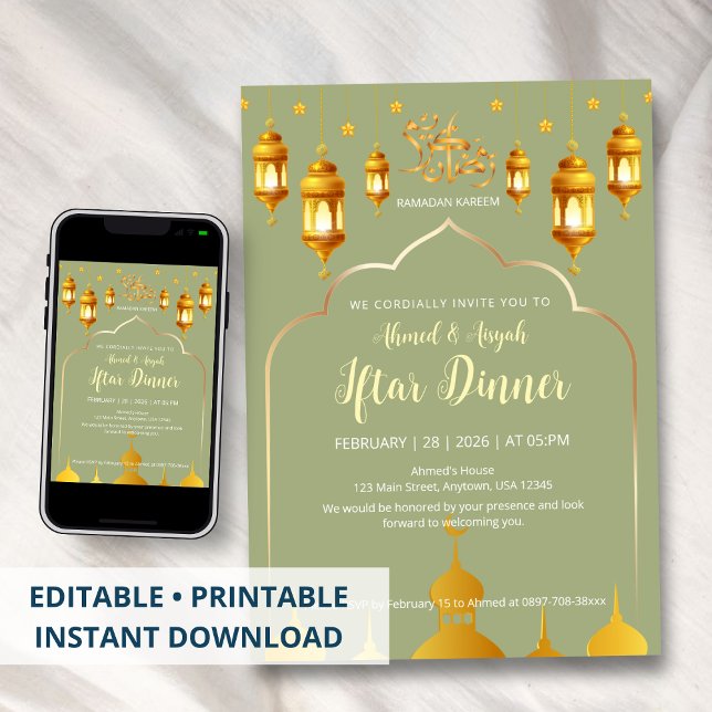 Invitation Iftar de Mosquée Élégante Vert Sauge et Or (Créateur téléchargé)