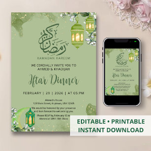 Invitation Iftar de Ramadan aquarelle vert émeraude et or