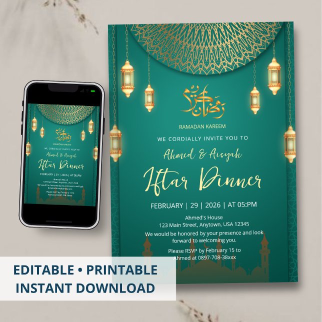 Invitation Iftar Élégant Émeraude et Mandala Doré (Créateur téléchargé)