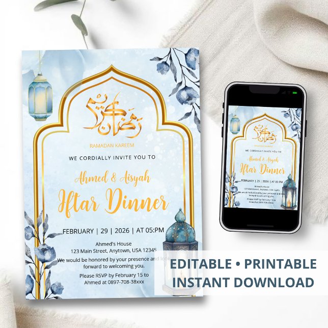 Invitation Iftar élégant Lanterne Bleue et Or à l'aquarelle (Créateur téléchargé)