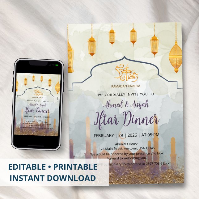 Invitation Iftar Élégant Mosquée Aquarelle & Lanternes Dorées (Créateur téléchargé)