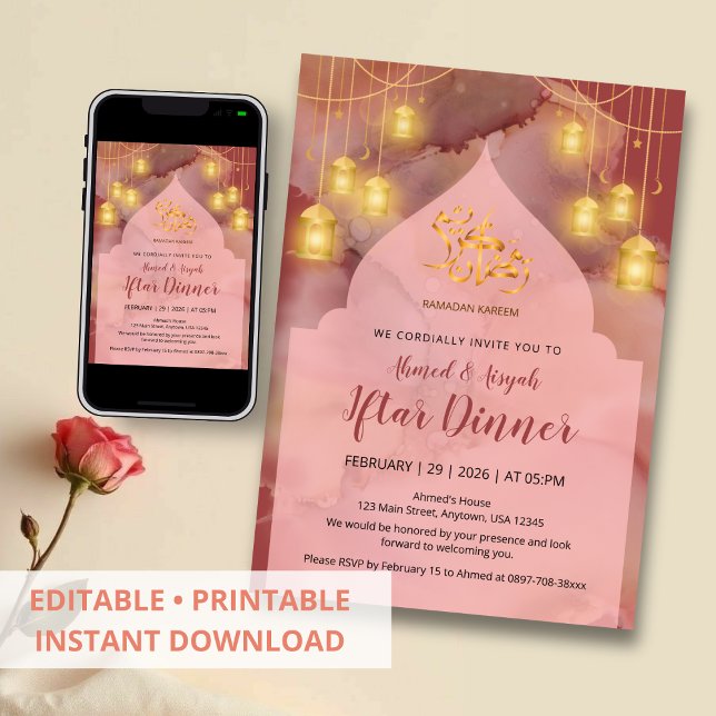Invitation Iftar Élégant Rose et Marron doré (Créateur téléchargé)