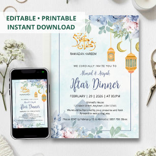 Invitation Iftar floral Mosquée aquarelle bleu poussiéreux