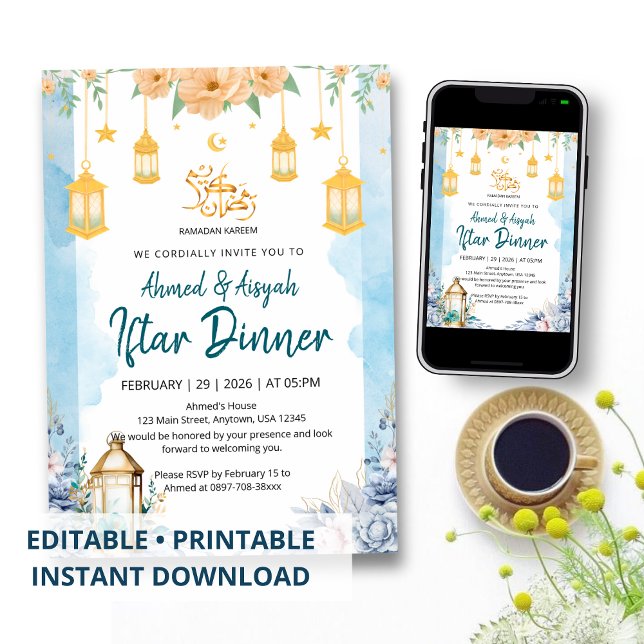Invitation Iftar florale à l'aquarelle bleue éléga (Créateur téléchargé)