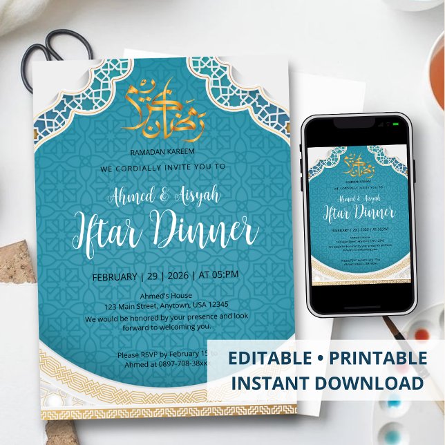 Invitation Iftar géométrique islamique moderne turquoise (Créateur téléchargé)