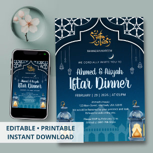 Invitation Iftar Lanterne Moderne Bleu Minuit & Or