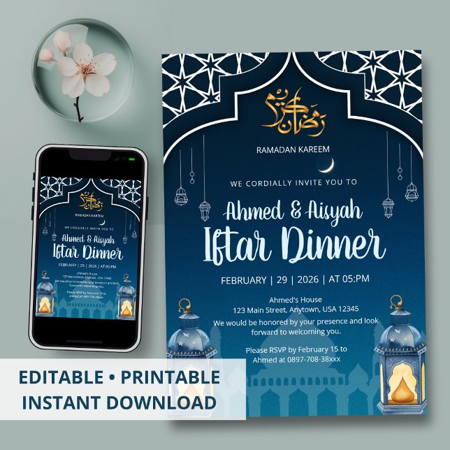 Invitation Iftar Lanterne Moderne Bleu Minuit & Or (Créateur téléchargé)