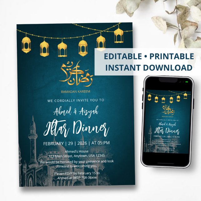 Invitation Iftar Mosquée Dessinée à la Main & Lant (Créateur téléchargé)