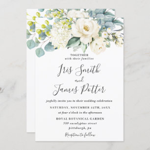 Invitation Iivoire blanc Floral Eucalyptus Mariage vert