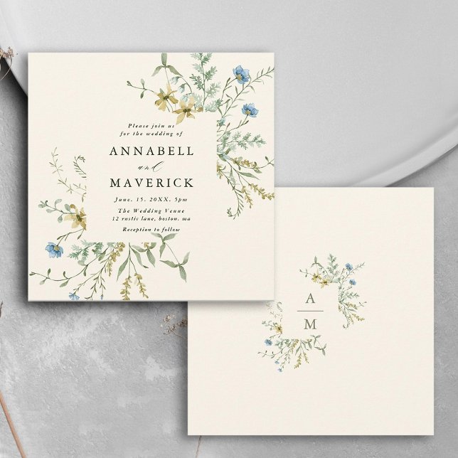 Invitation Iivoire Delicate Fleur sauvage moderne Boho Mariag (Front & Back)