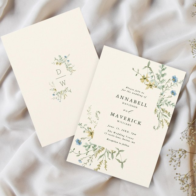 Invitation Iivoire Delicate Fleur sauvage moderne Boho Mariag (Front & Back)