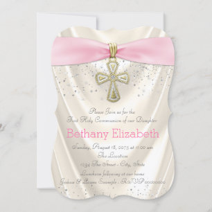 Invitation Iivoire et Croix rose première communion Parties s