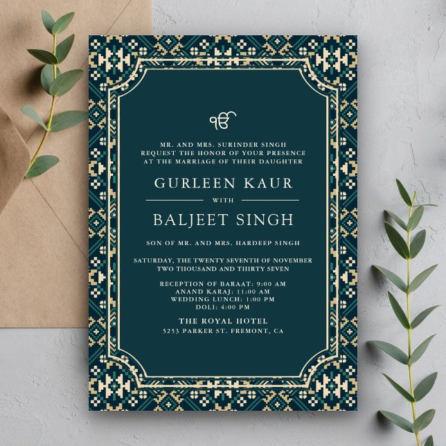Invitation Ikat Beige Sarcelle Foncé Anand Karaj Mariage Sikh (Créateur téléchargé)