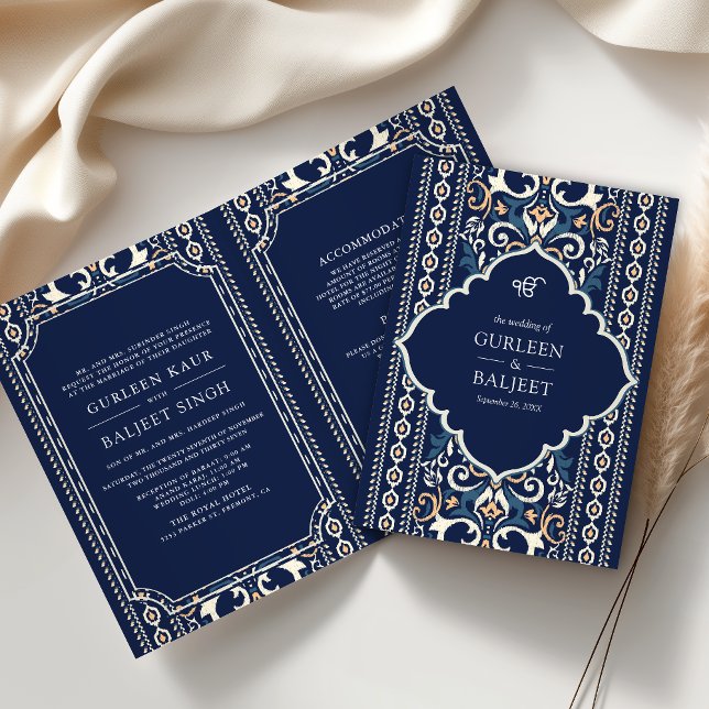 Invitation Ikat Bleu Foncé Combinaison Entière Mariage Sikh (Créateur téléchargé)