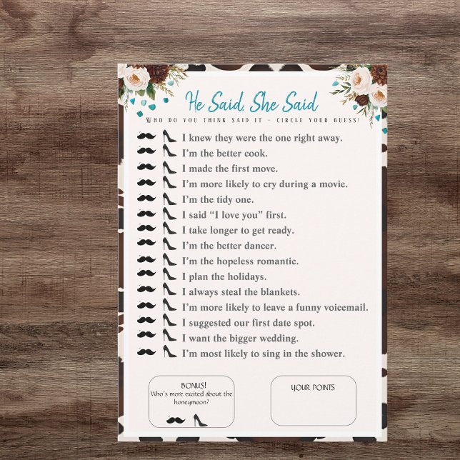 Invitation Il a dit, elle a dit Jeu de baby shower bohème (He Said, She Said Bridal shower boho Game)
