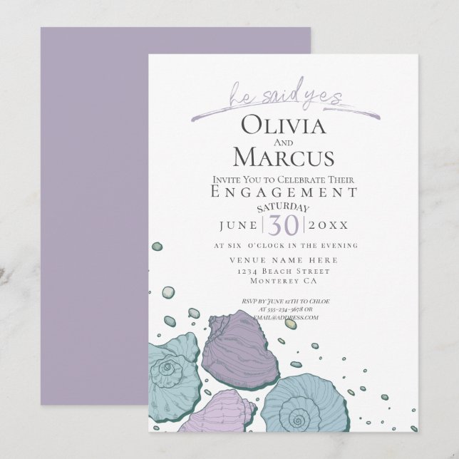 Invitation Il A Dit Oui Coquillage Fiançailles Lilac Dusty Bl (Devant / Derrière)