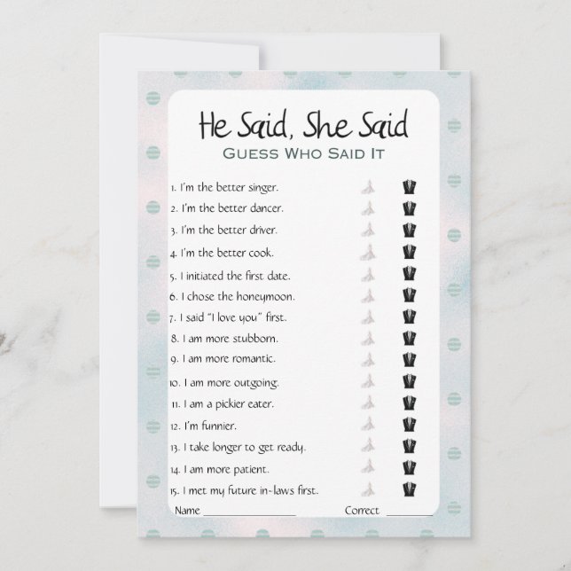 Invitation Il A Dit Qu'Elle A Dit Fête des mariées Game (Devant)