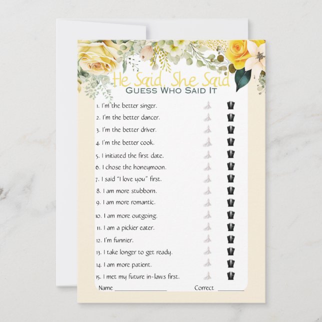 Invitation Il A Dit Qu'Elle A Dit Fête des mariées Game (Devant)